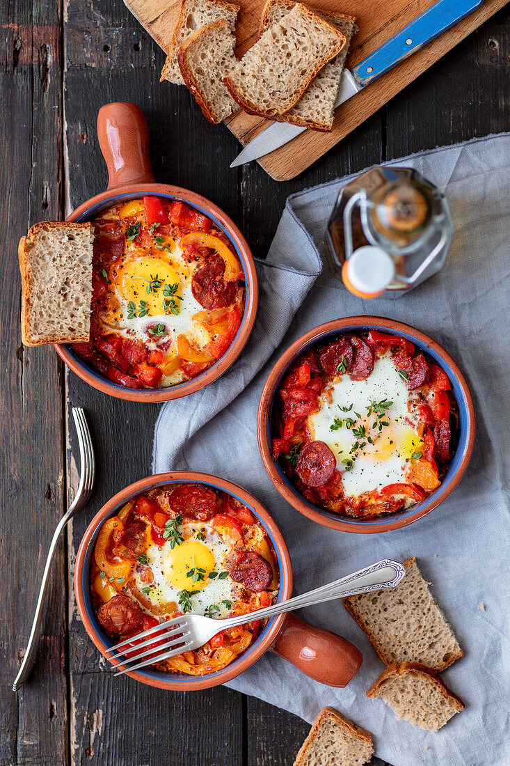 Baked egg with chorizo, pepper and tomato