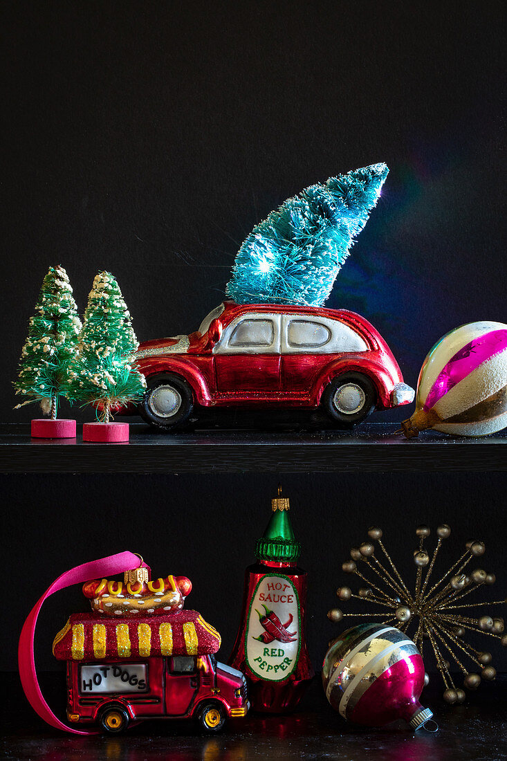 Retro-style Christmas decorations on shelf