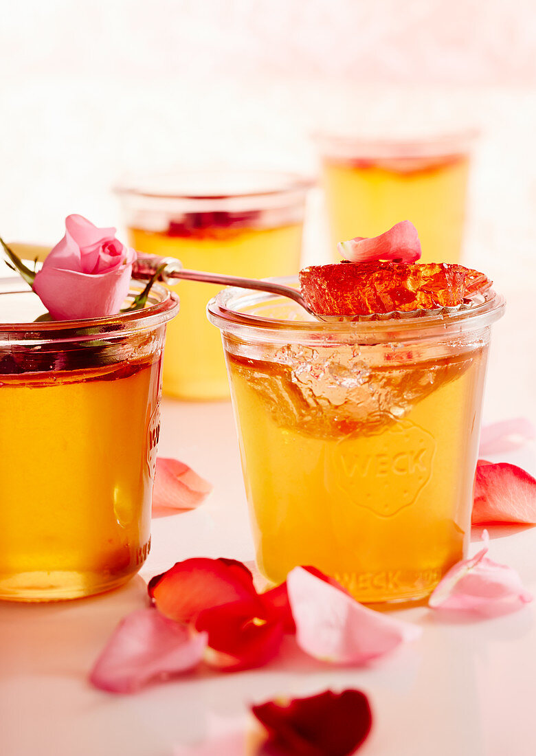 Jars of rose jelly with rose petals