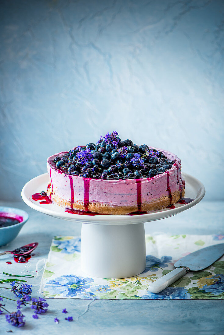 Bluberry cheesecake with bluberry sauce and lavender