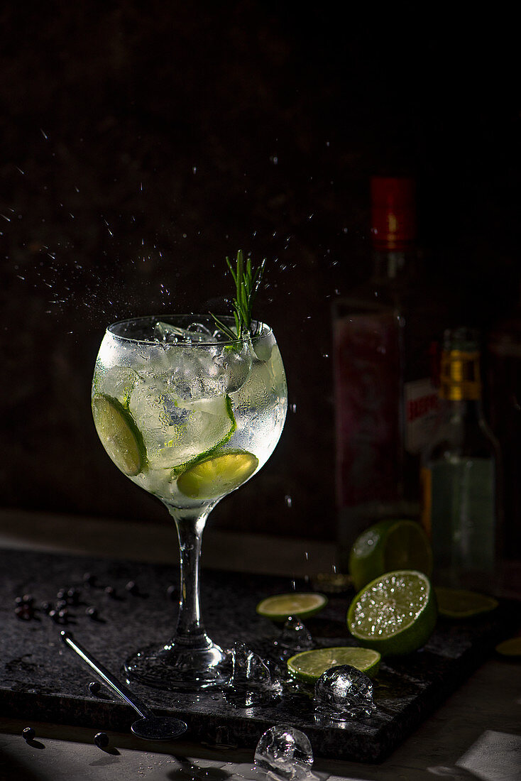 Gin Tonic im Stielglas mit Limette, Gurke und Rosmarin
