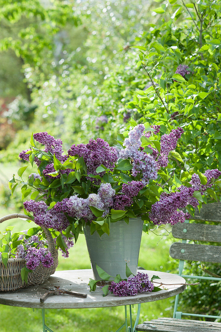 Lush bouquet of lilacs on the patio table