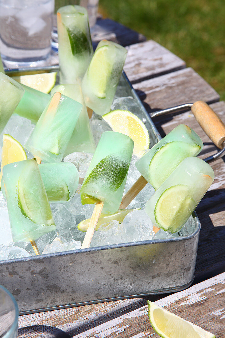 Lime ice lollies and ice cubes in metal tray in garden