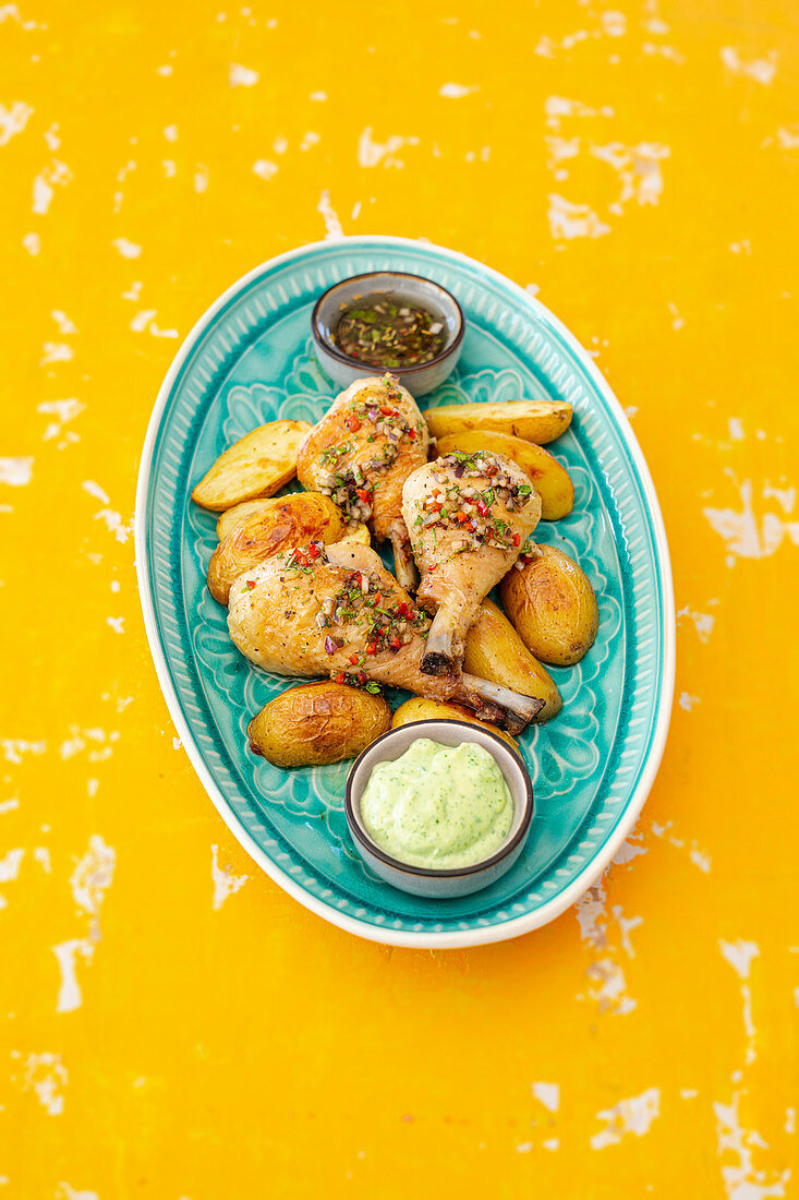 Chicken drumsticks with potatoes and chimichurri sauce on a tray