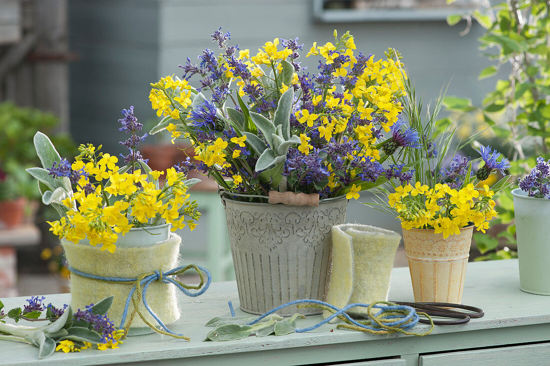 Bouquets made of gold lacquer, catnip, knapweed and woollen beast