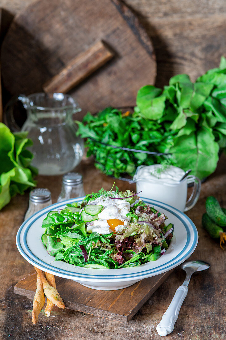 Poached egg on lettuce