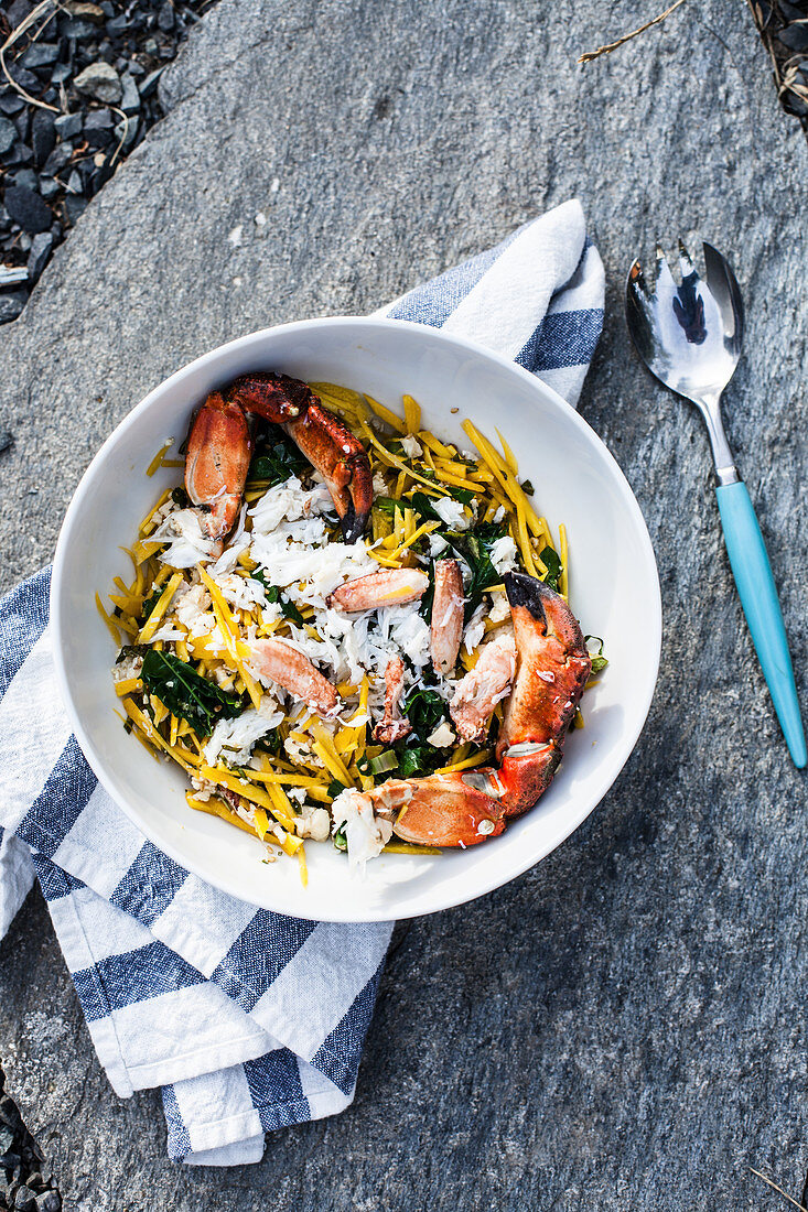 Crab salad with carrots and kale