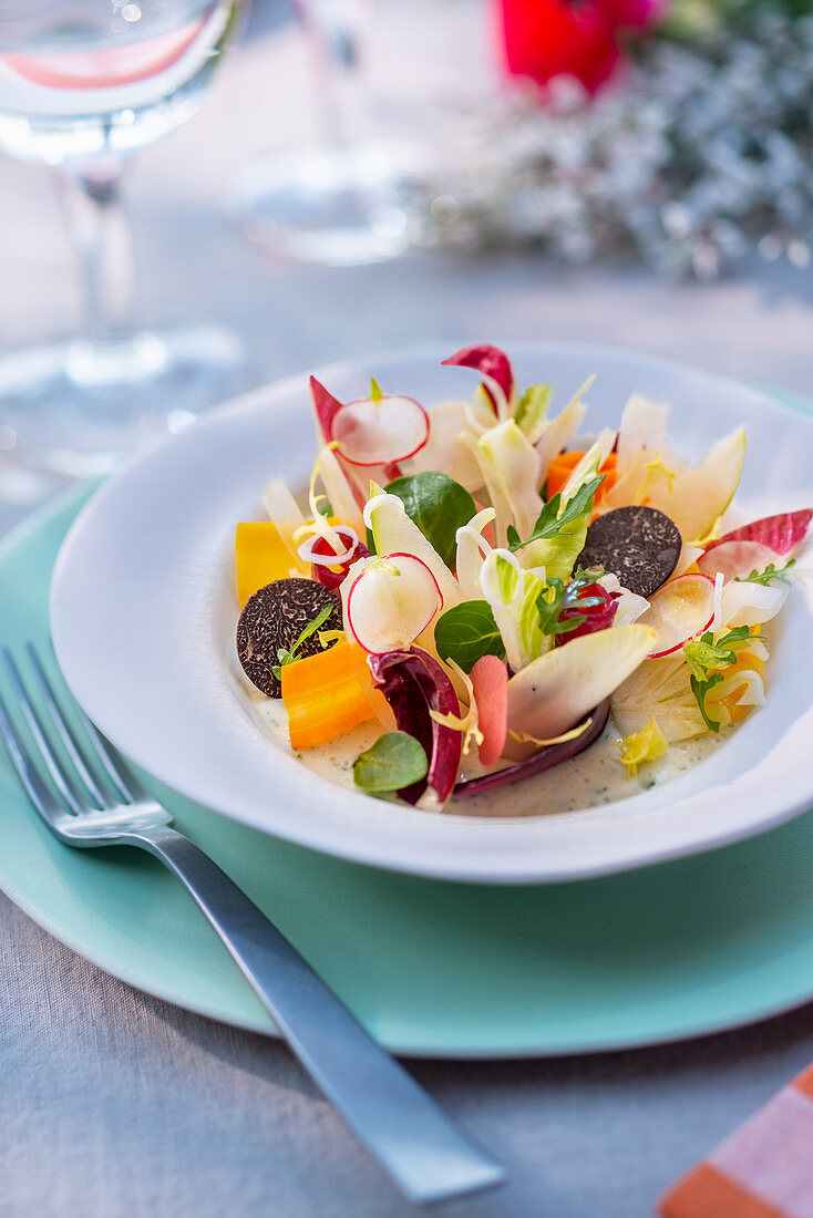 Vegetable salad with tofu and truffles