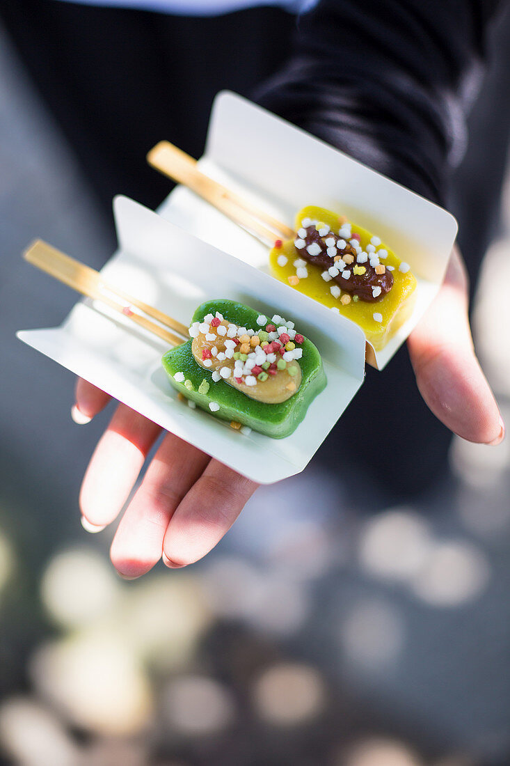 Tofu with miso on sticks (street food, Japan)