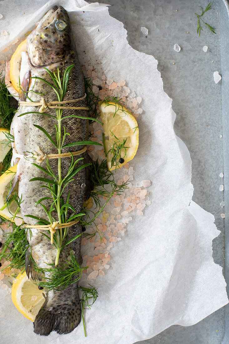 Preparing the trout for baking