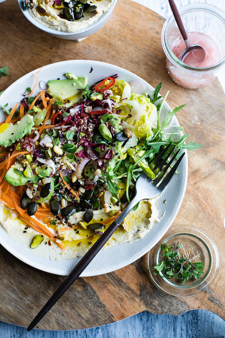 Rainbow salad with hummus