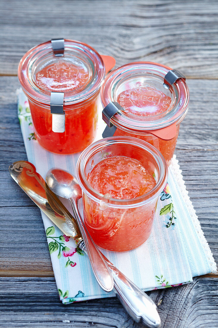 Jars of pineapple and nectarine jam