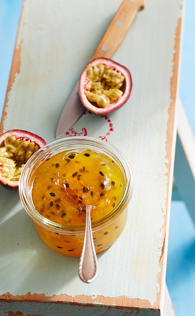 A jar of mango and passion fruit jam