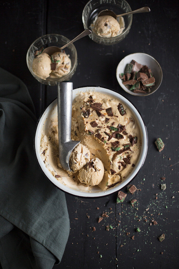 Ice cream with chocolate pieces and mint