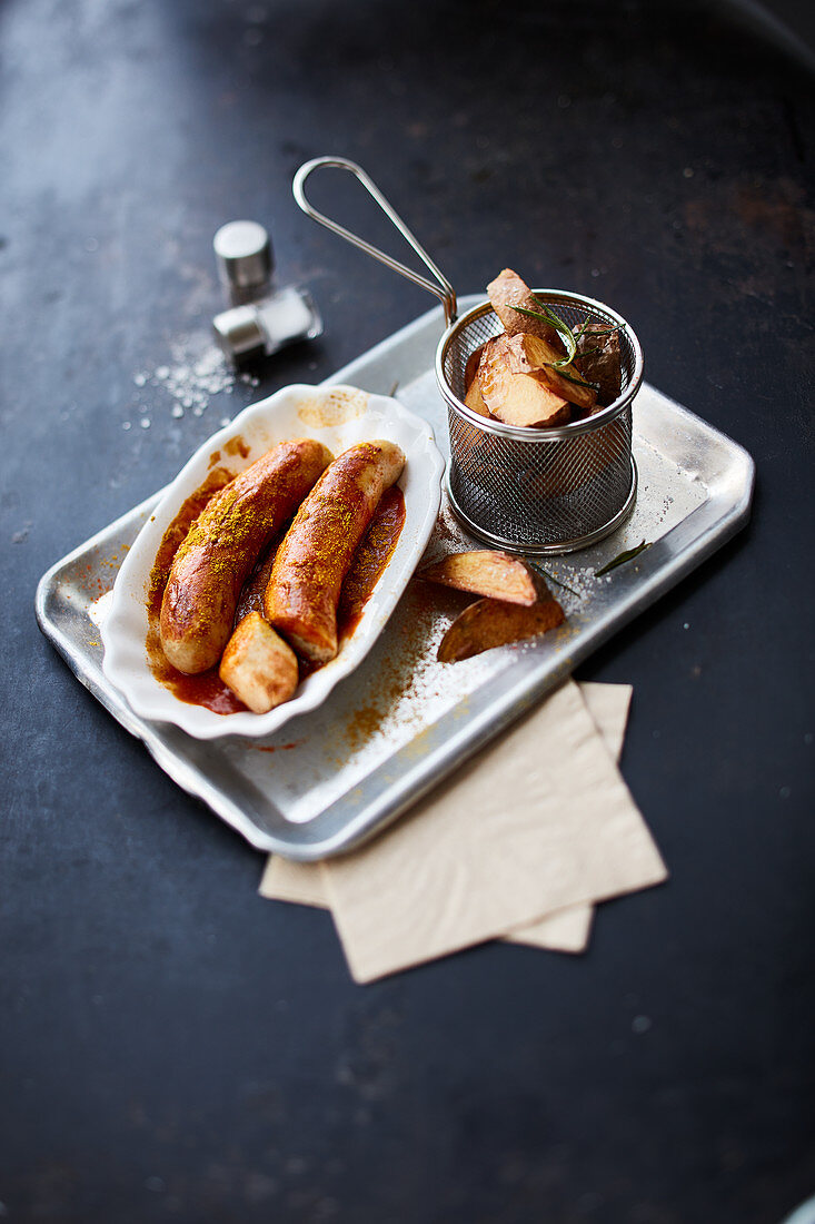 Currywurst mit Kartoffelwedges auf Silbertablett