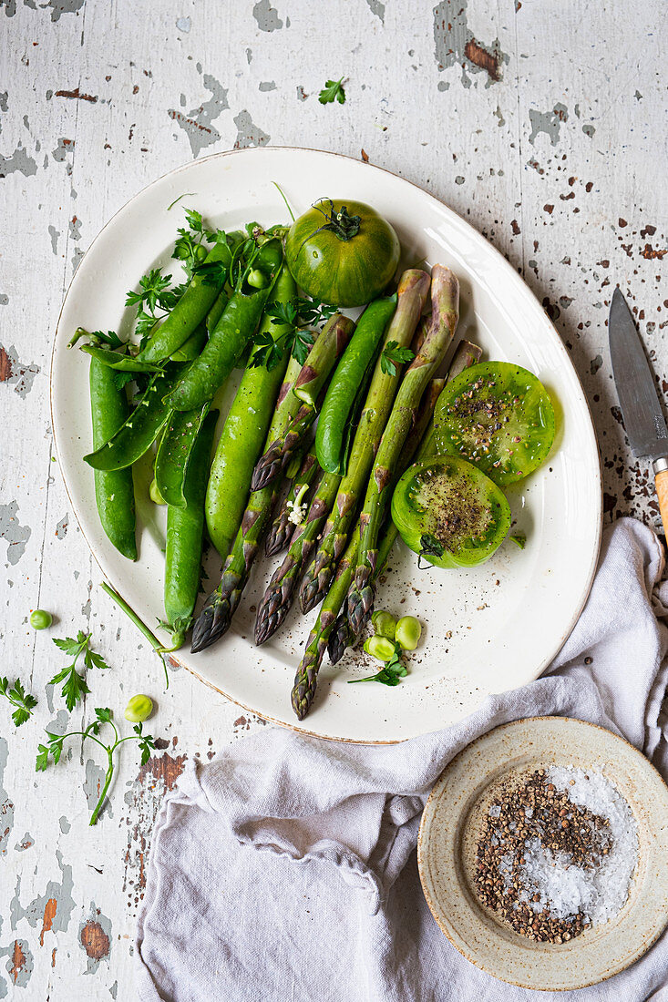 Oven baked green vegetables on a platter