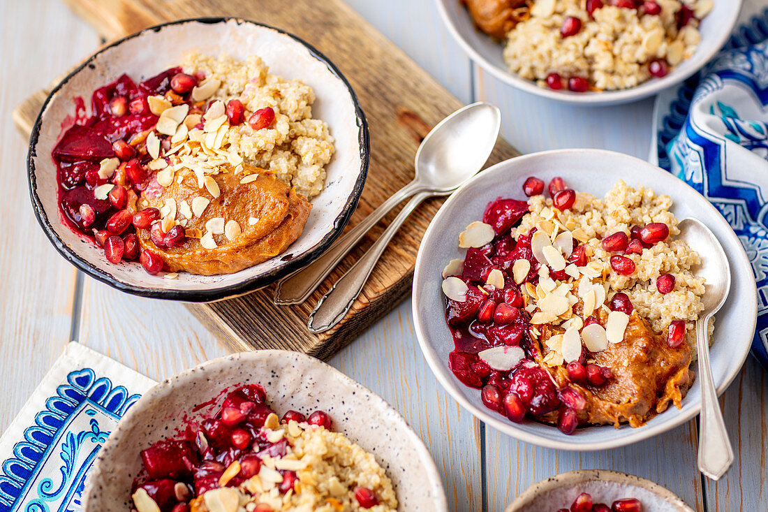 Quinoa dessert with date cream and plums