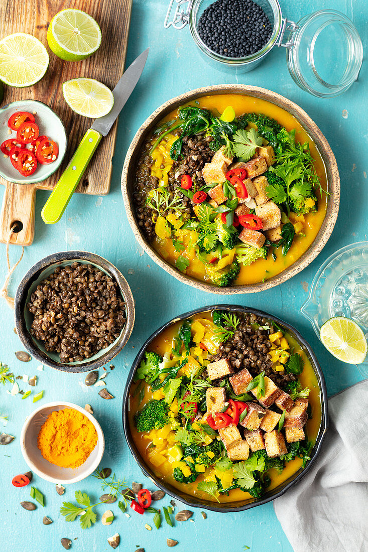 Curry mit Brokkoli, Spinat, schwarzen Linsen und Tofu