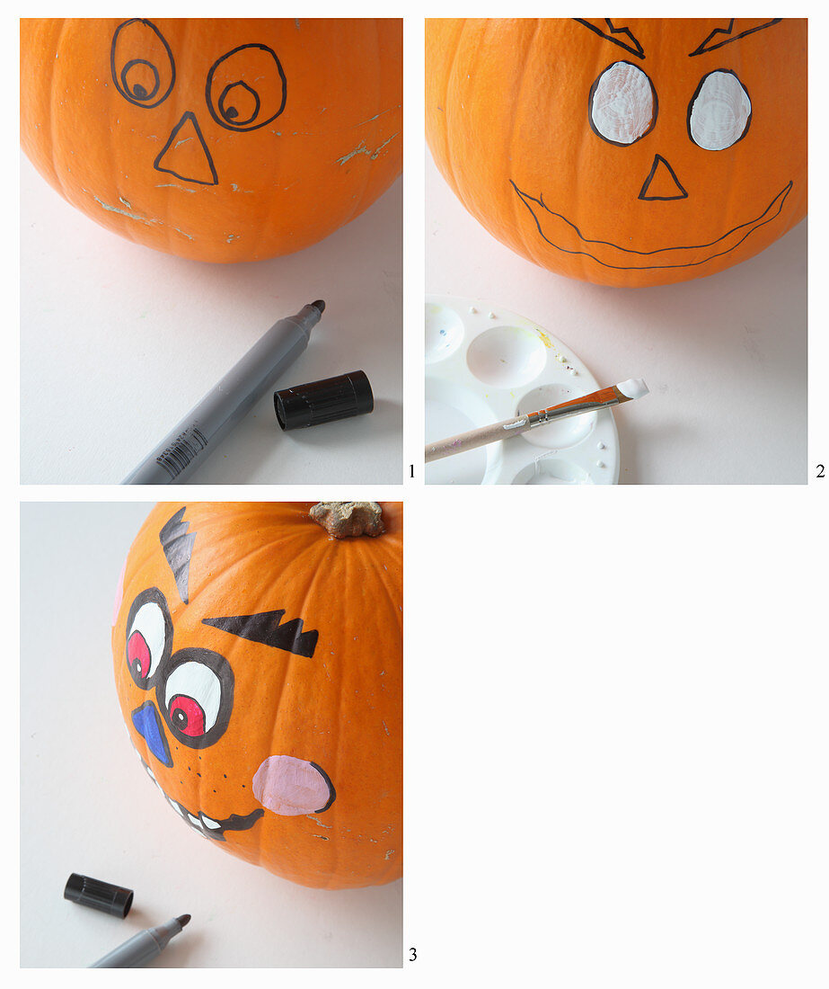 Handcrafted Halloween decorations: pumpkins with amusing faces