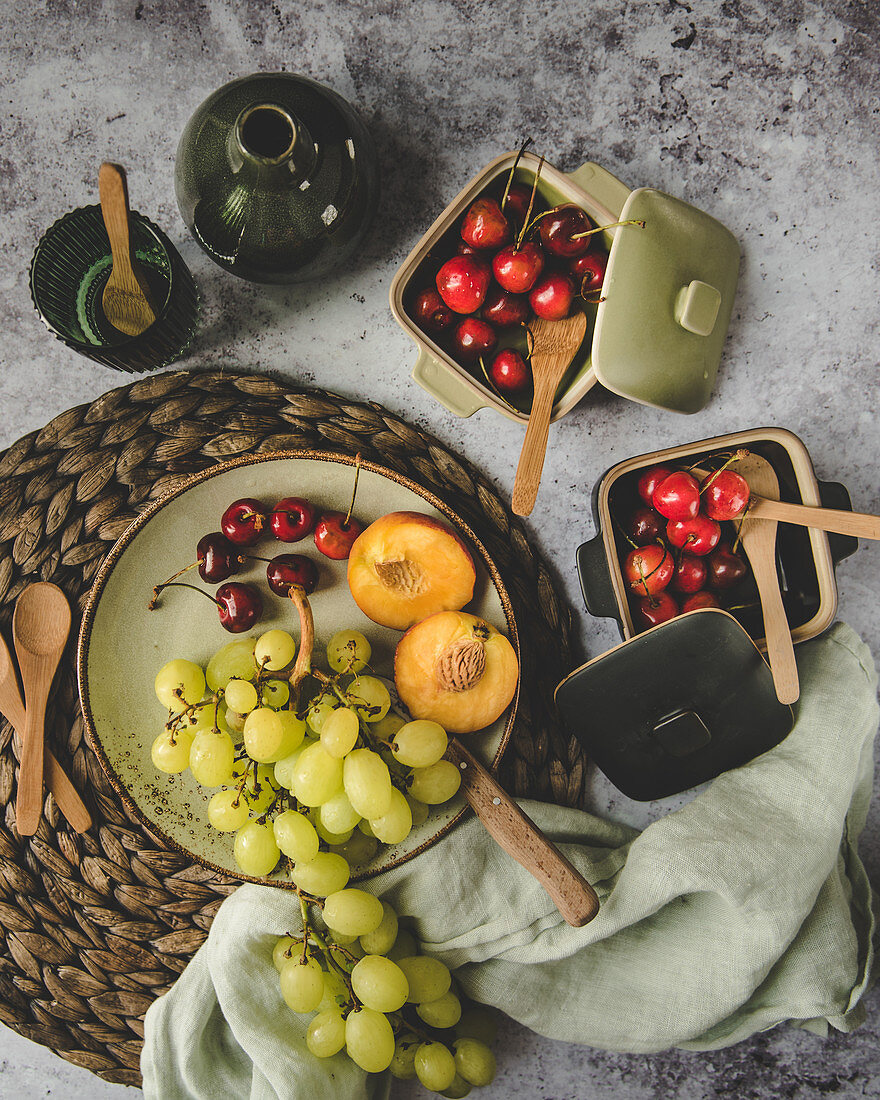 Cherries, peaches and grapes