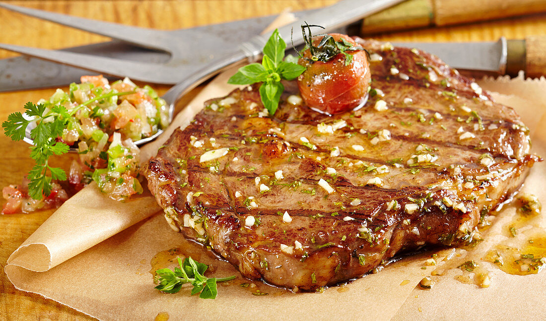Mariniertes Rib-Eye-Steak vom Grill mit Pepre (chilenische Paprika-Tomaten-Sauce)