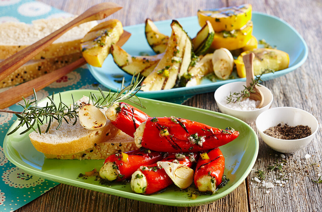 Grilled mini peppers filled with feta cheese, and grilled courgette with unleavened bread