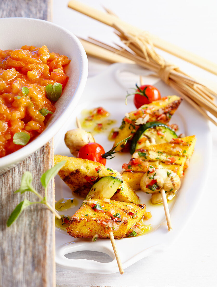 Grilled polenta and vegetable skewers with tomato salsa