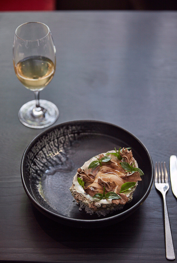 Blacklip abalone with hen-of-the-woods mushroom and roast chicken mayonnaise