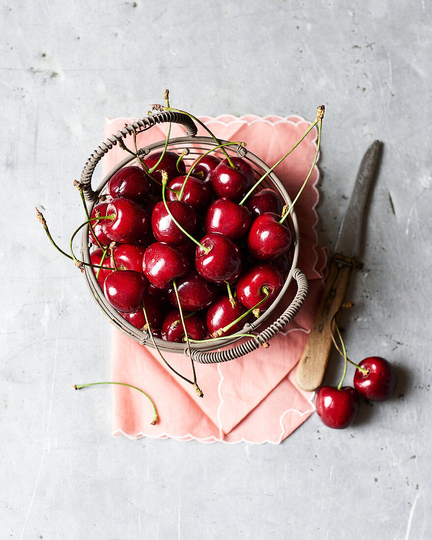 Fresh cherries in a basket