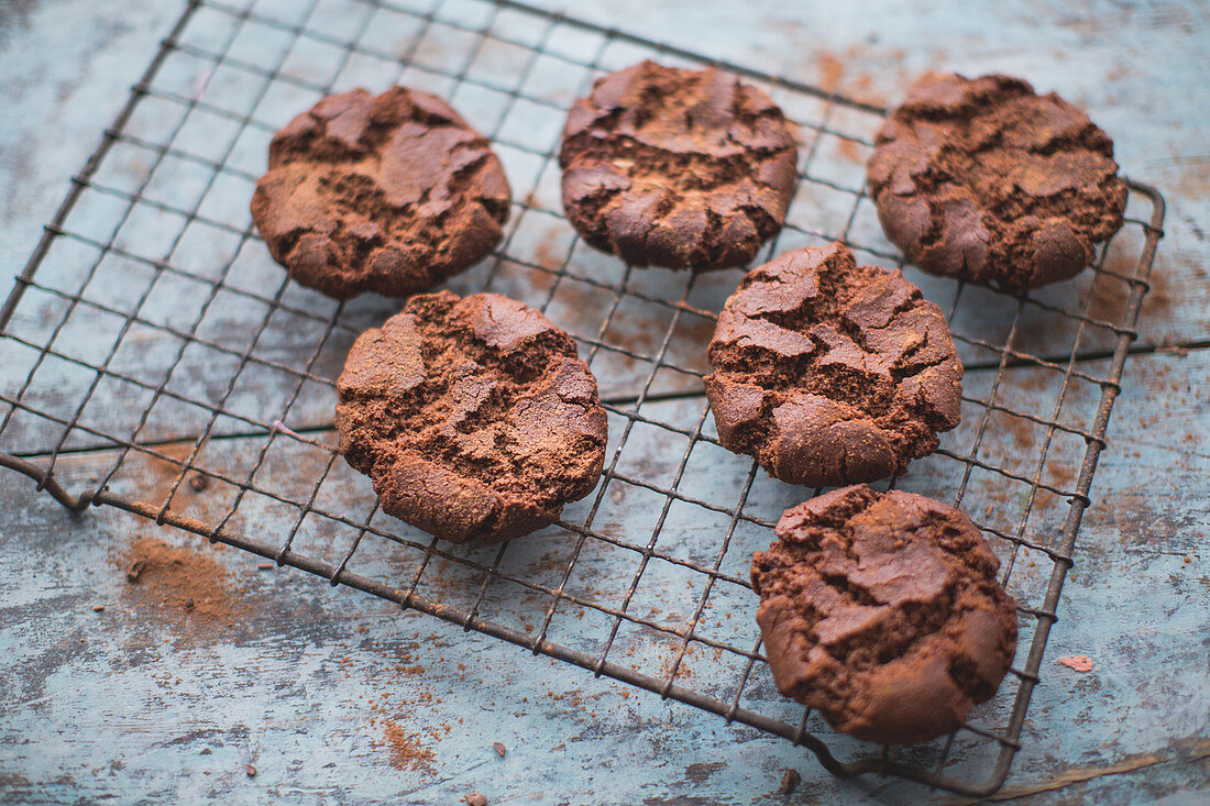 Chocolate cookies on a cooling grid
