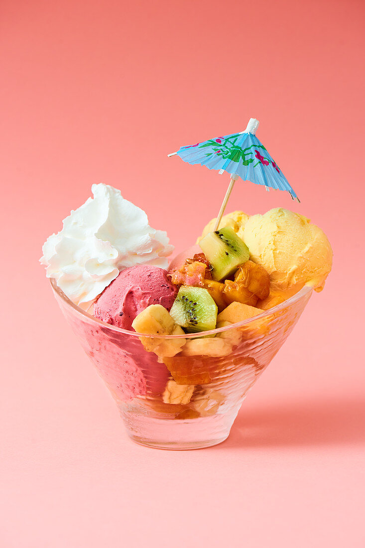 1980s fruit ice cream cup with strawberry and mango ice cream and whipped cream