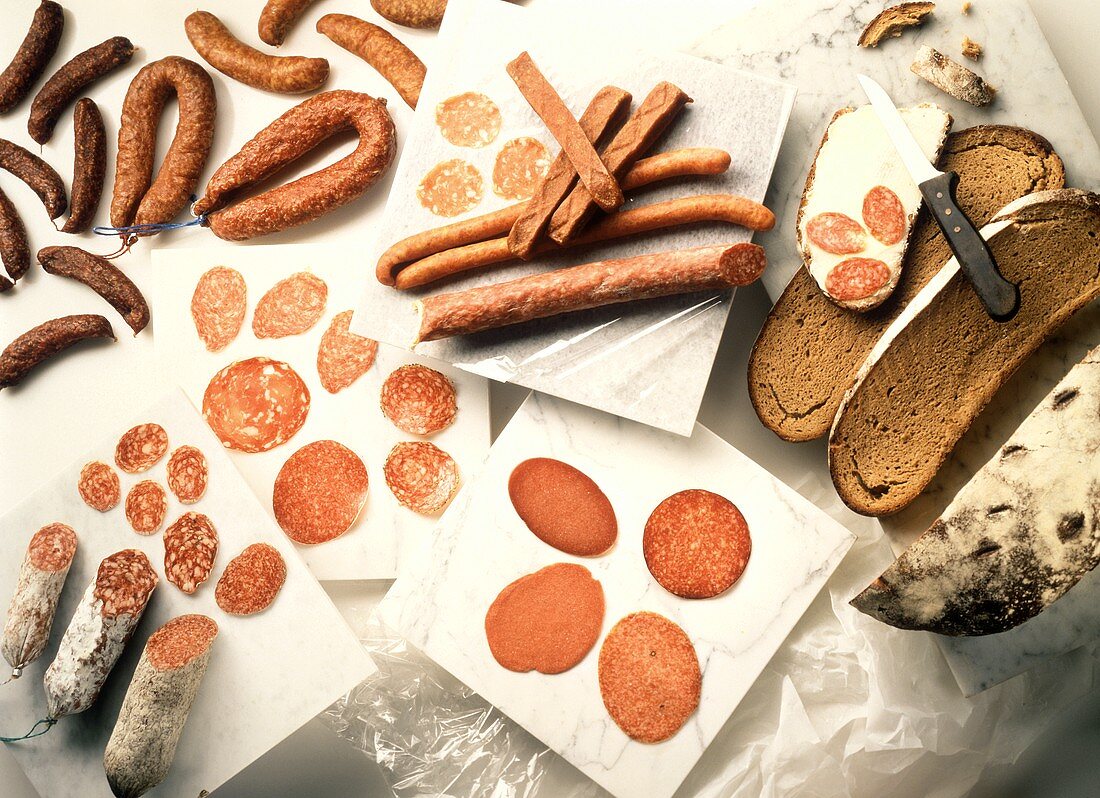 Assorted Dried Sausages; Whole and Sliced