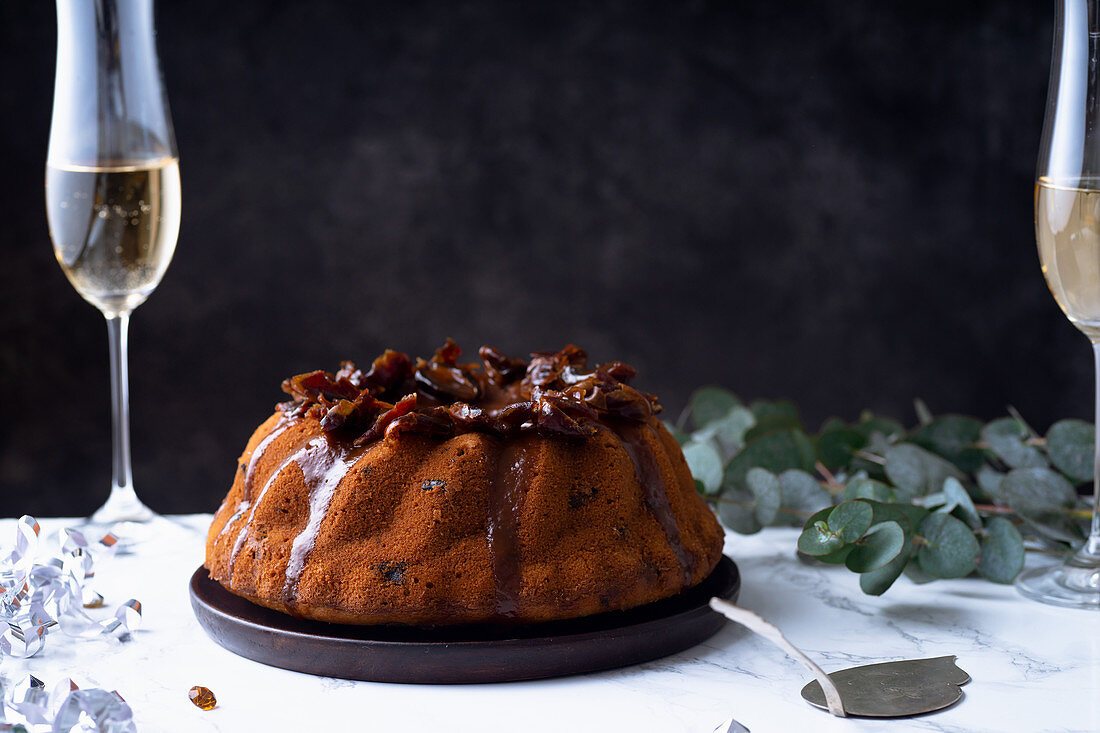 Festive bundt cake with dates and salted caramel