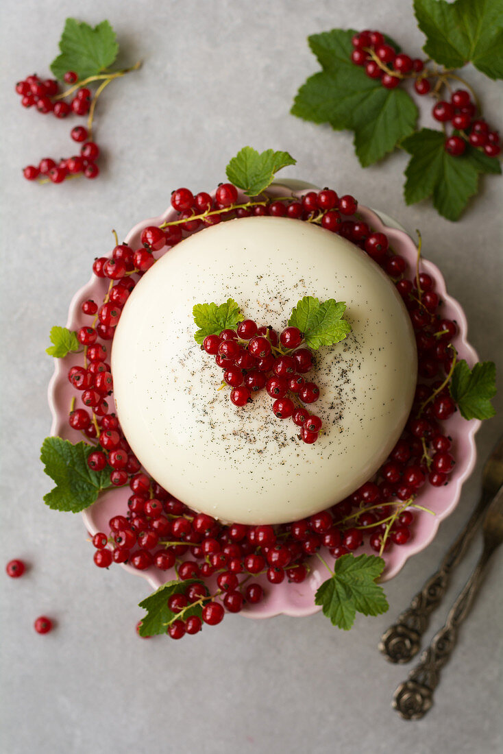 Panna cotta dome cake with redcurrants