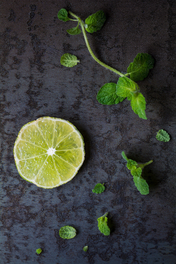 Limettenscheibe und Minzblättchen