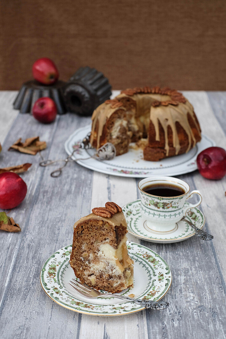Apple and cream cheese Bundt cake with pecan nuts