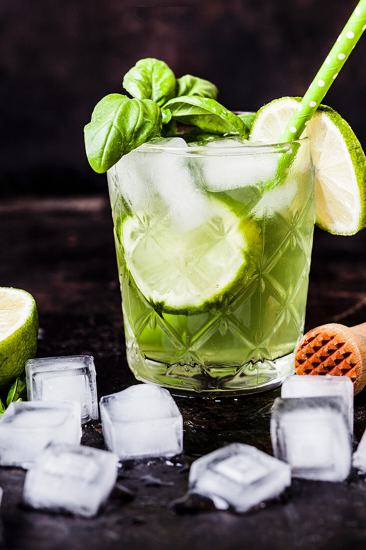 Gin Basil Smash (Cocktail mit Basilikum, Gin und Eiswürfeln)