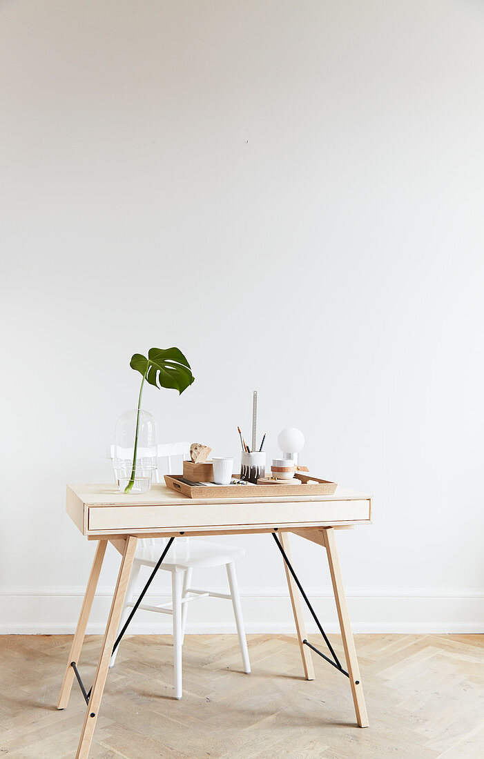 Office supplies on tray and Swiss cheese plant leaf in vase on pale wooden desk