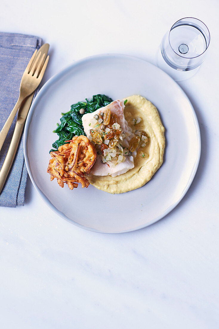 Roast cod with curried cauliflower purée and onion bhaji