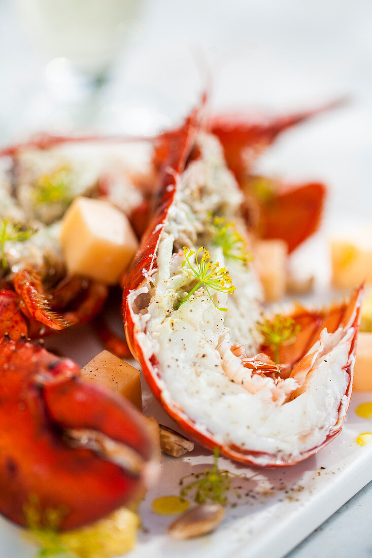 Lobster in white wine with fennel flowers