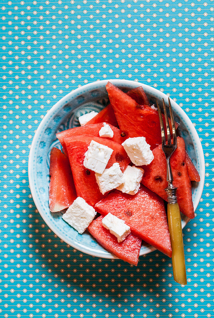 Serving of Watermelon and Feta Cheese Salad; Bread