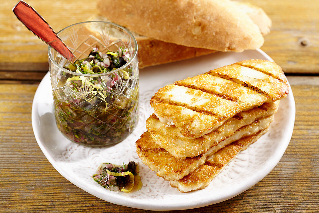 Grilled halloumi with parsley and lemon salsa and ciabatta