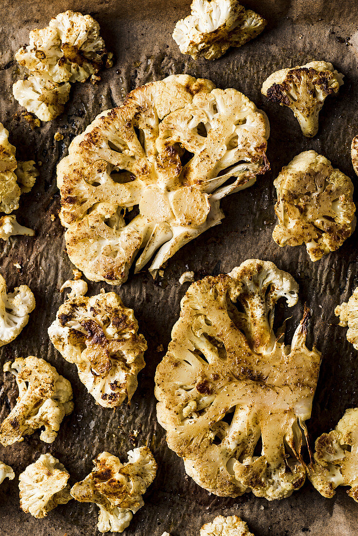 Baked cauliflower spiced with curry, sea salt, olive oil and black pepper