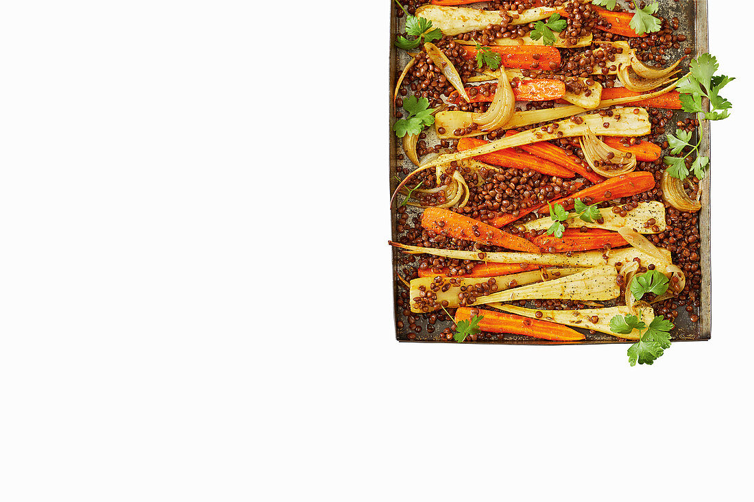 Roasted spiced carrots, parsnips, onions and lentils