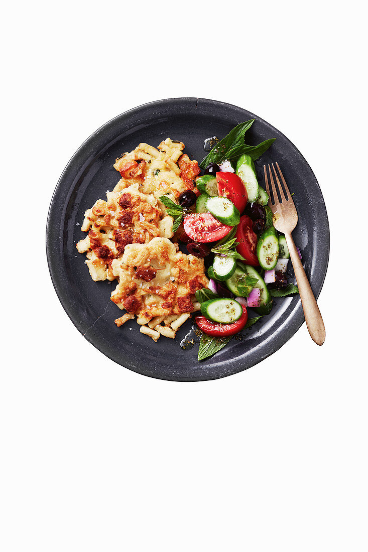 Macaroni and Haloumi Fritters with Greek-style Salad