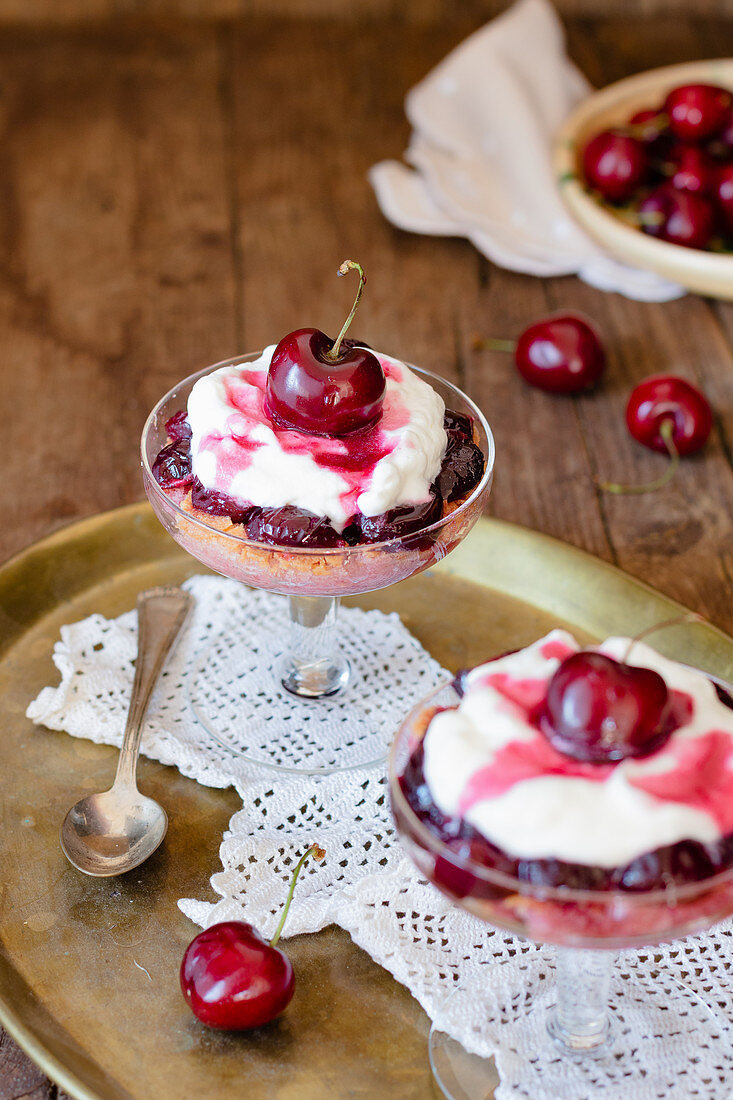 Cherry tiramisu in dessert glasses