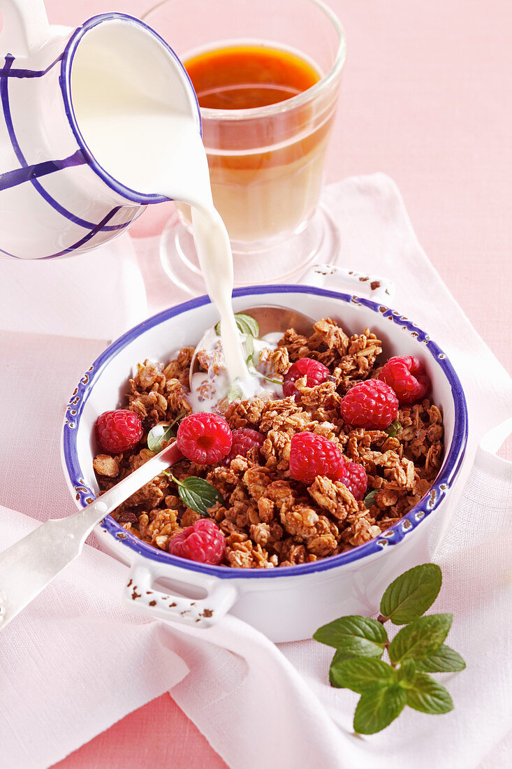 Chocolate muesli with raspberries, mint, yoghurt and milk