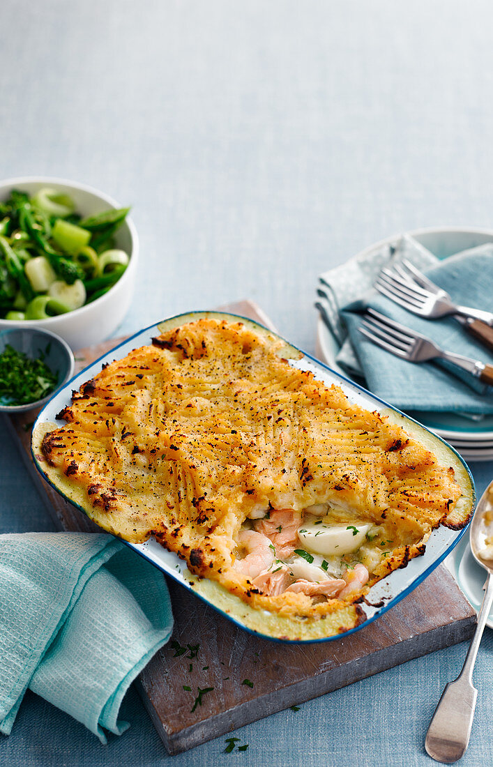 Fish pie with a side of leek and asparagus