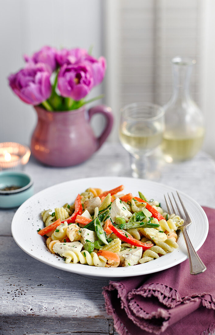 Fusilli with creamy chicken and vegetable sauce