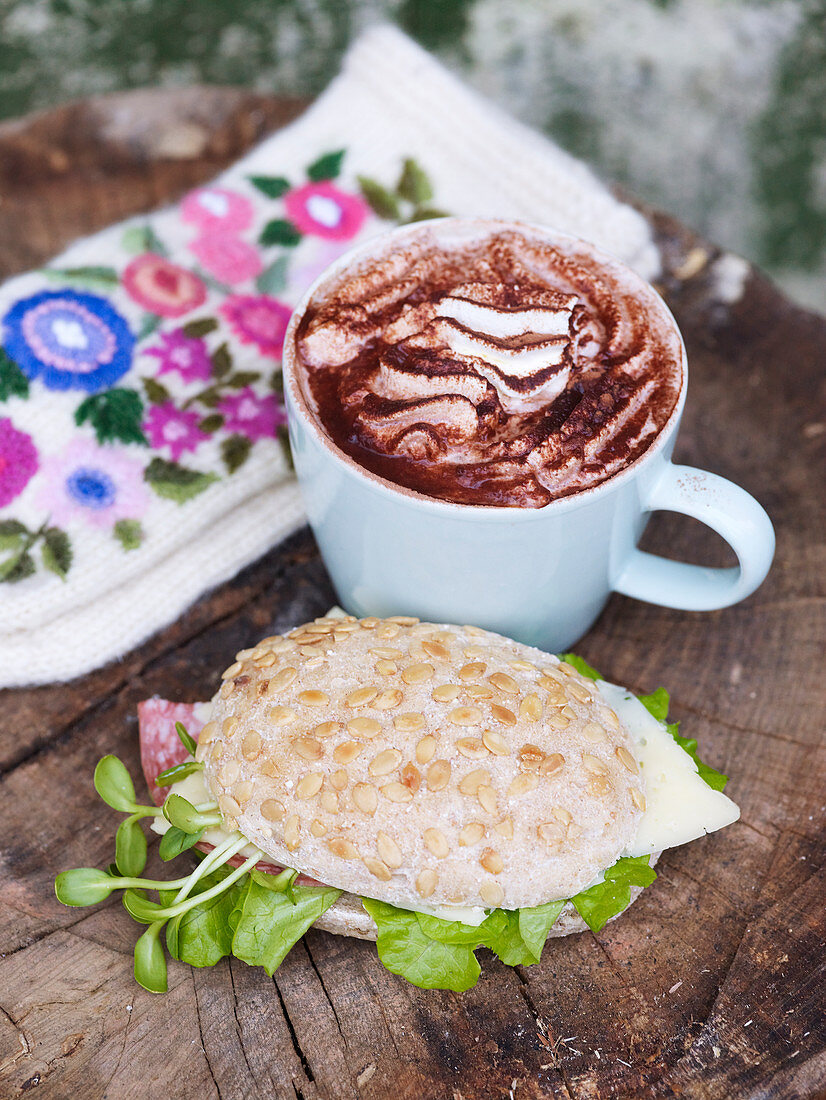 Sandwich and hot chocolate with whipped cream